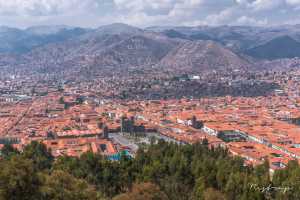 View of Cusco Peru with Plaza de Armas and the Andes in the background